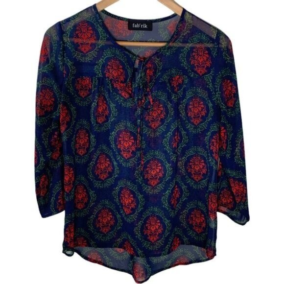 fab’rik Sheer Boho Blouse Blue Red Green Print Women’s Small Lightweight - Picture 1 of 12